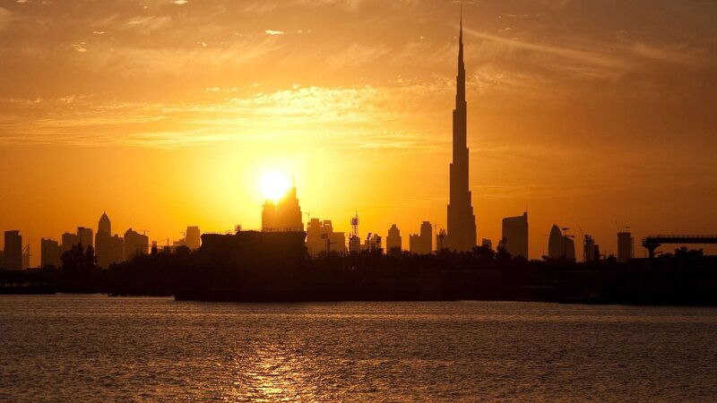 Burj Khalifa Skyline — Orange, Dramatic, Sunset, Photograph