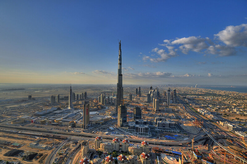 Burj Khalifa Skyscraper — Blue, Dramatic, Afternoon, Photograph, Skyscrapers, Cityscape, Construction Sites