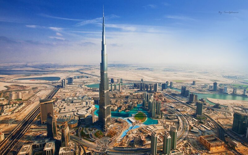 Burj Khalifa Skyscraper — Blue, Dramatic, Afternoon, Photograph, Skyscrapers, Fountain, Desert, Highway, Brown