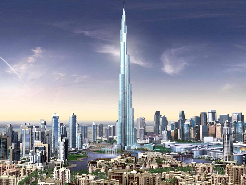 Burj Khalifa Skyscraper — Blue, Dramatic, Sunset, 3d Render, Skyscrapers, Cityscape, Fountain