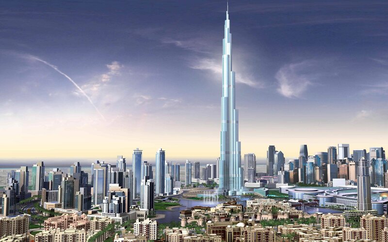Burj Khalifa Skyscraper — Blue, Dramatic, Sunset, 3d Render, Skyscrapers, Fountain