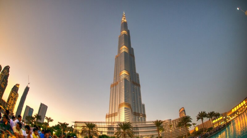 Burj Khalifa Skyscraper — Blue, Dramatic, Sunset, Photograph, People