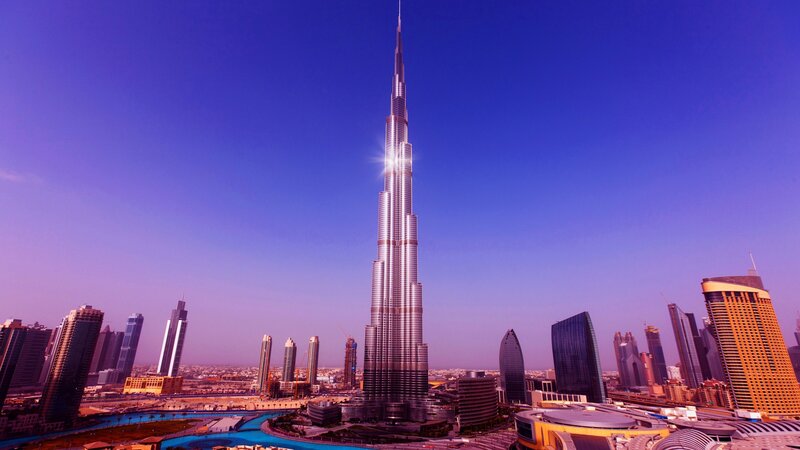 Burj Khalifa Skyscraper — Blue, Dramatic, Sunset, Photograph, Skyscrapers, Fountain, Cityscape, Purple