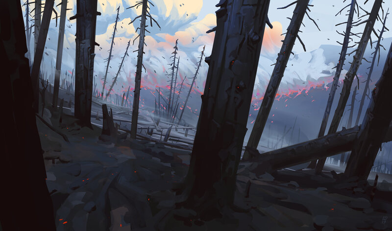 Burned Forest Landscape — Gray, Dramatic