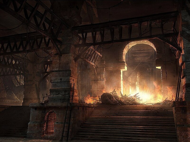 burning ancient ruin