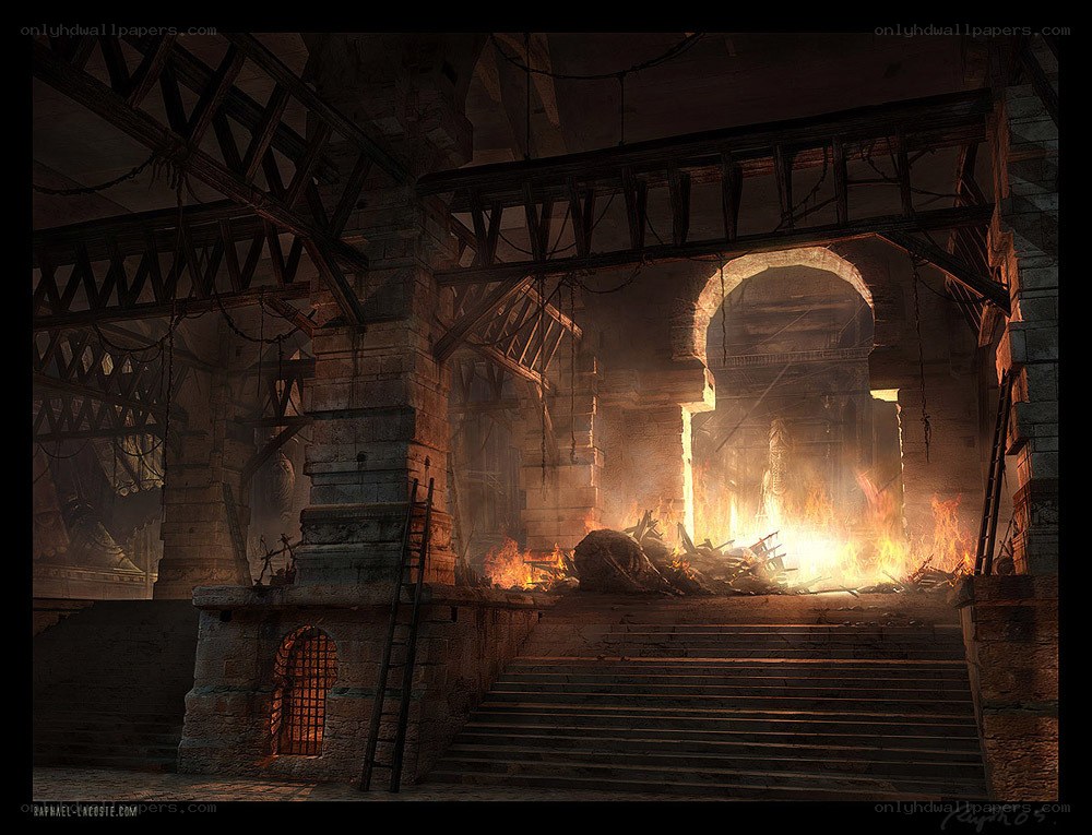 burning ancient temple interior