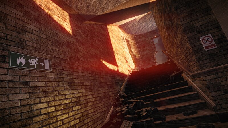 burning building staircase