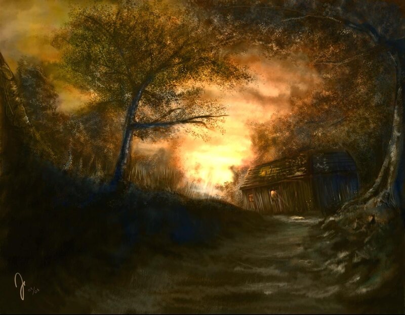 Burning Cabin at Dusk