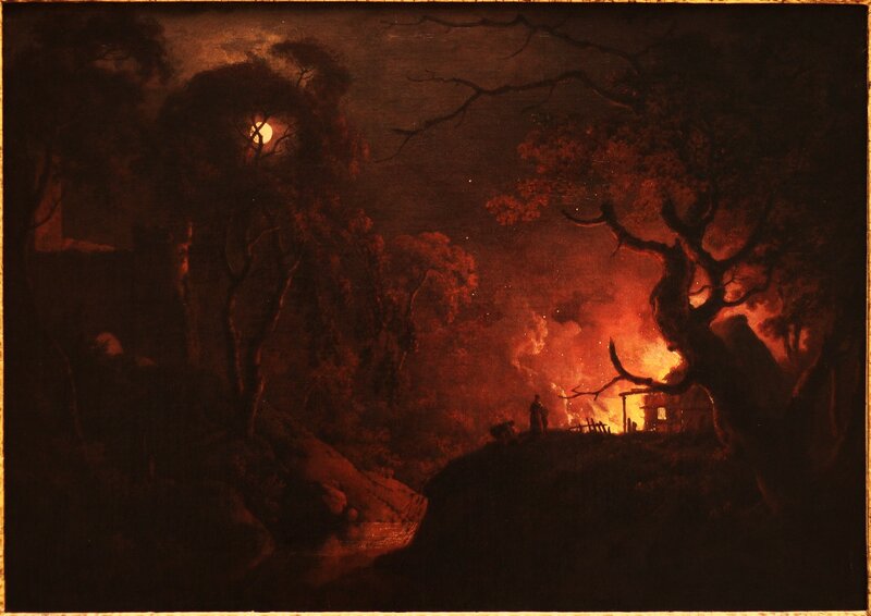 Burning Cabin at Night