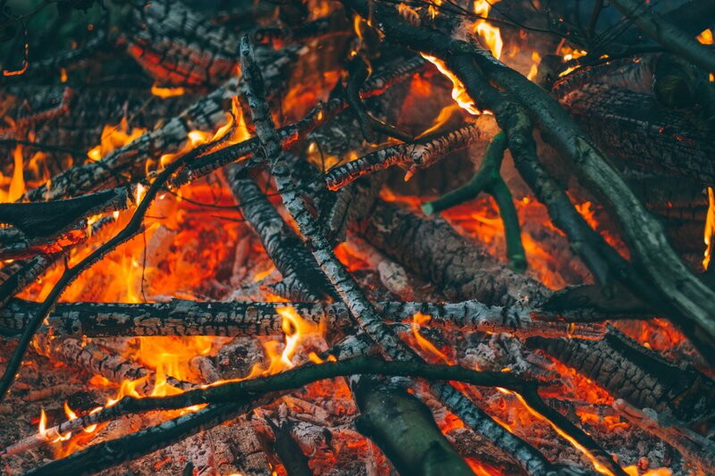 Burning campfire at night