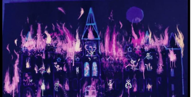 burning castle with monsters