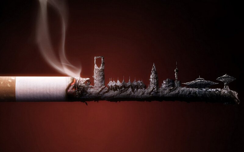 Burning Cigarette City — Red, Dramatic, Digital Art