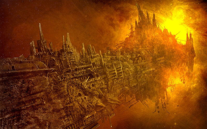 burning city in space