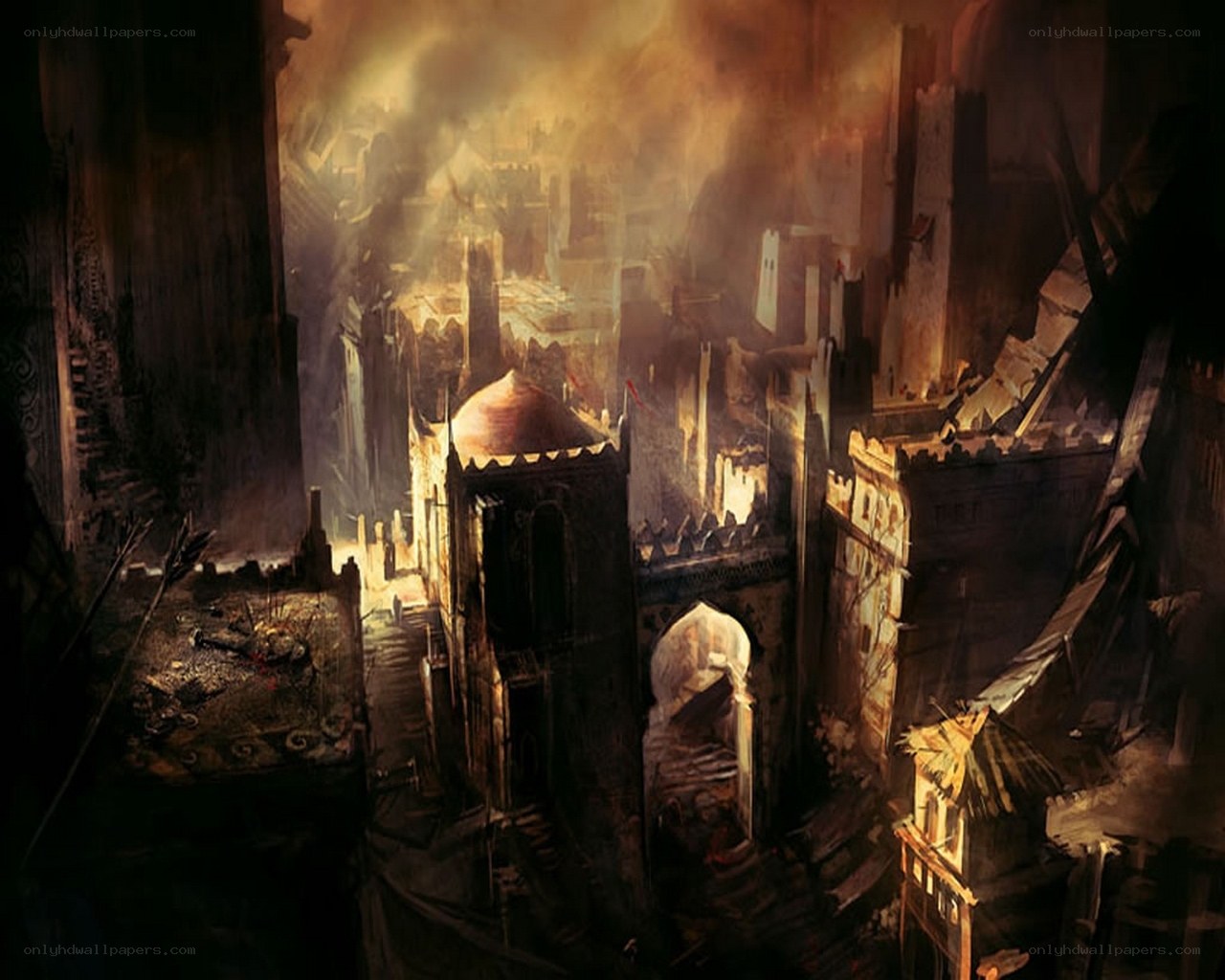 burning city ruins