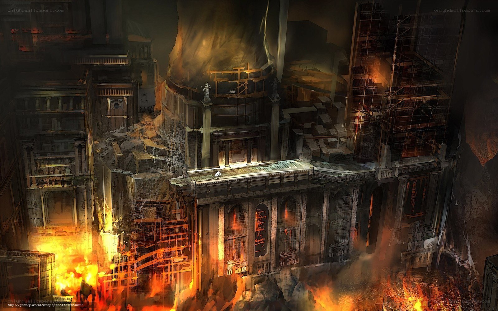 burning city ruins