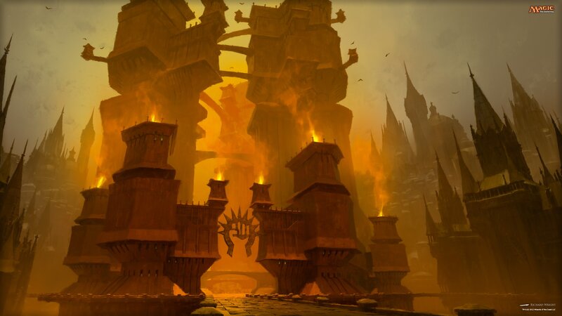 burning cityscape at dusk