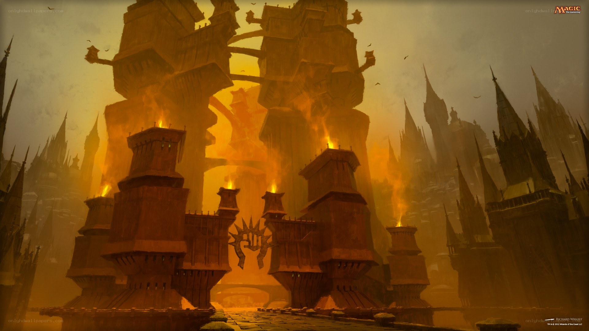 burning cityscape at dusk