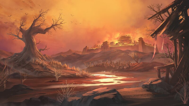 Burning Fortress at Sunset — Orange
