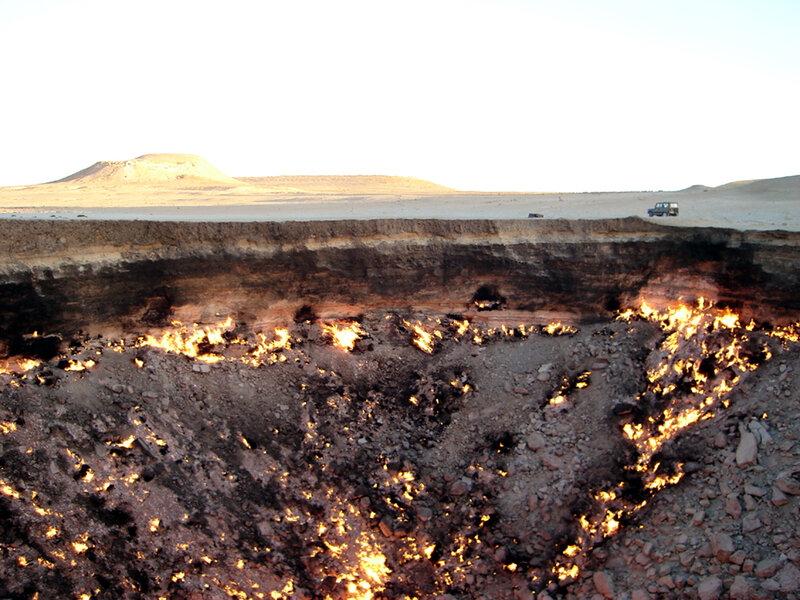 Burning gas crater in desert