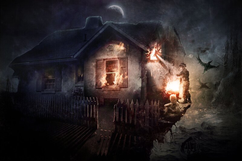 Burning House at Night — Black