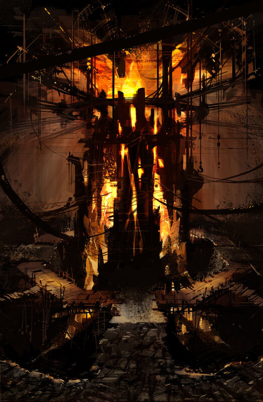 burning industrial ruin