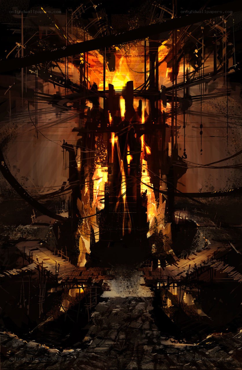 burning industrial ruin