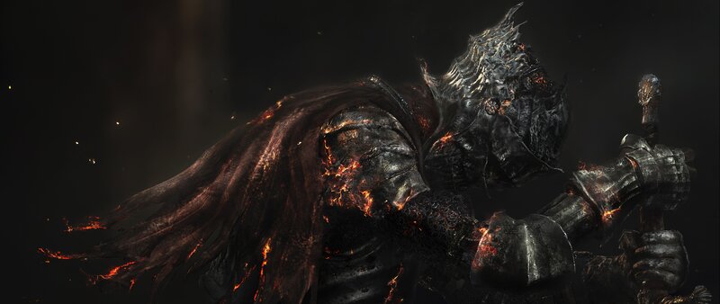 Burning Knight in Armor — Black, Dramatic, Night, Digital Art, Sword