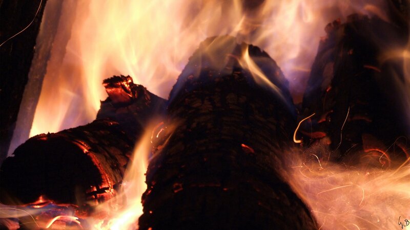 Burning Logs in Fire — Orange, Warm, Night
