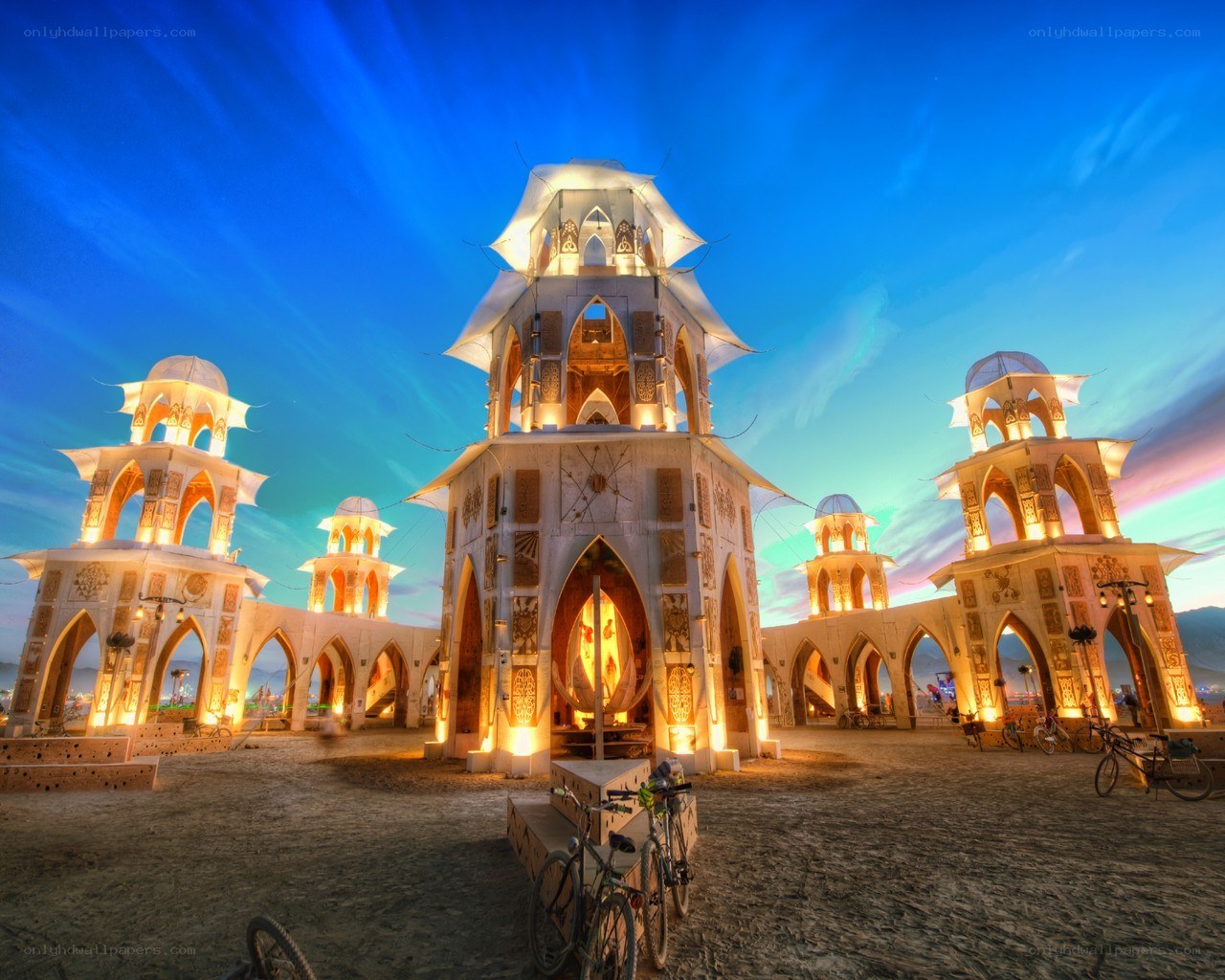 Burning Man art installation at dusk