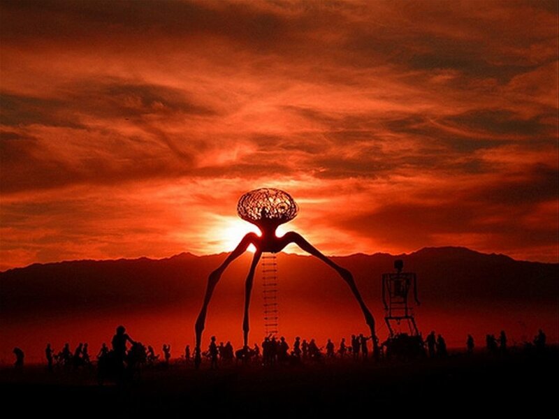 Burning Man art installation at sunset