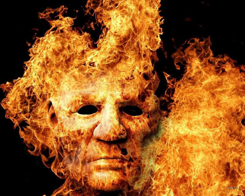 Burning Mask — Orange, Dramatic, Digital Art