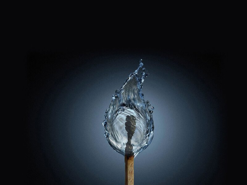 Burning Match with Water Splash — Black, Dramatic, Photograph, Matchstick