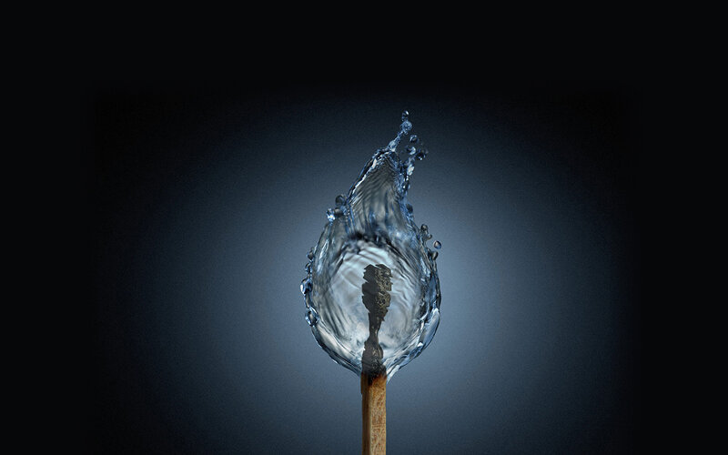 Burning Match with Water Splash — Black, Dramatic