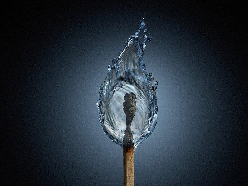 Burning Match with Water Splash — Blue, Dramatic, Photograph, Matchstick
