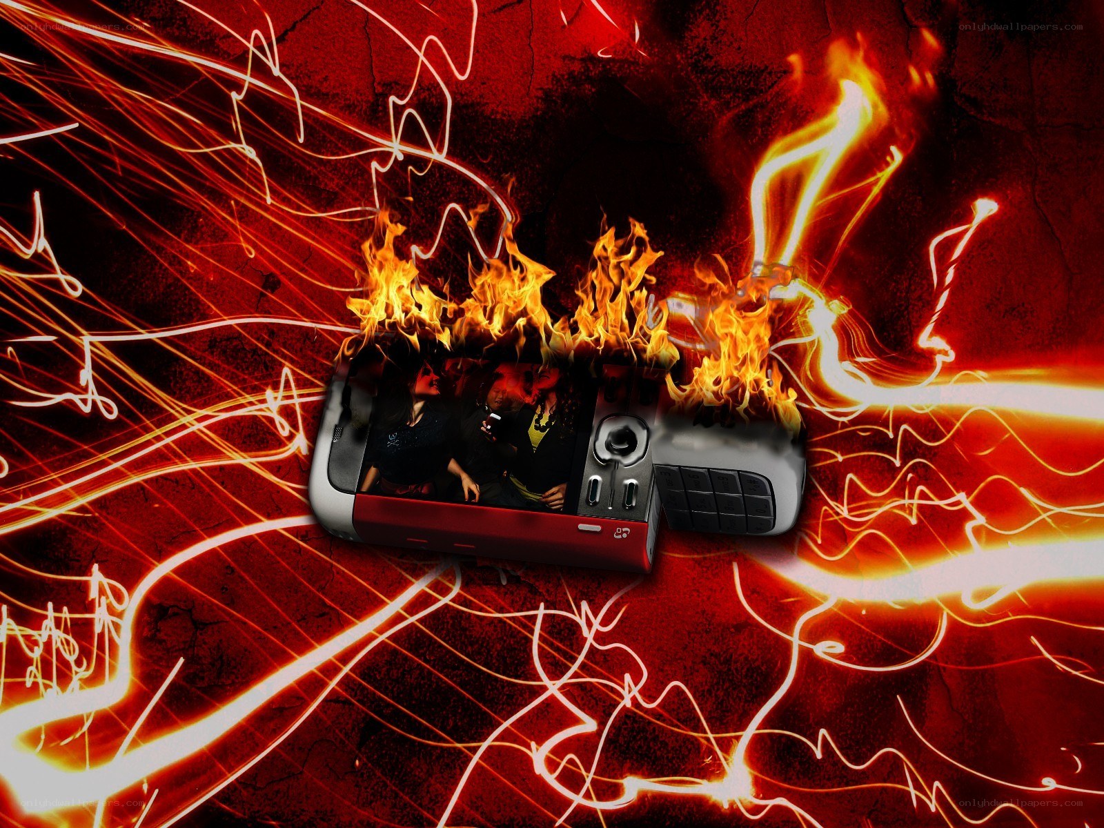burning phone with flames