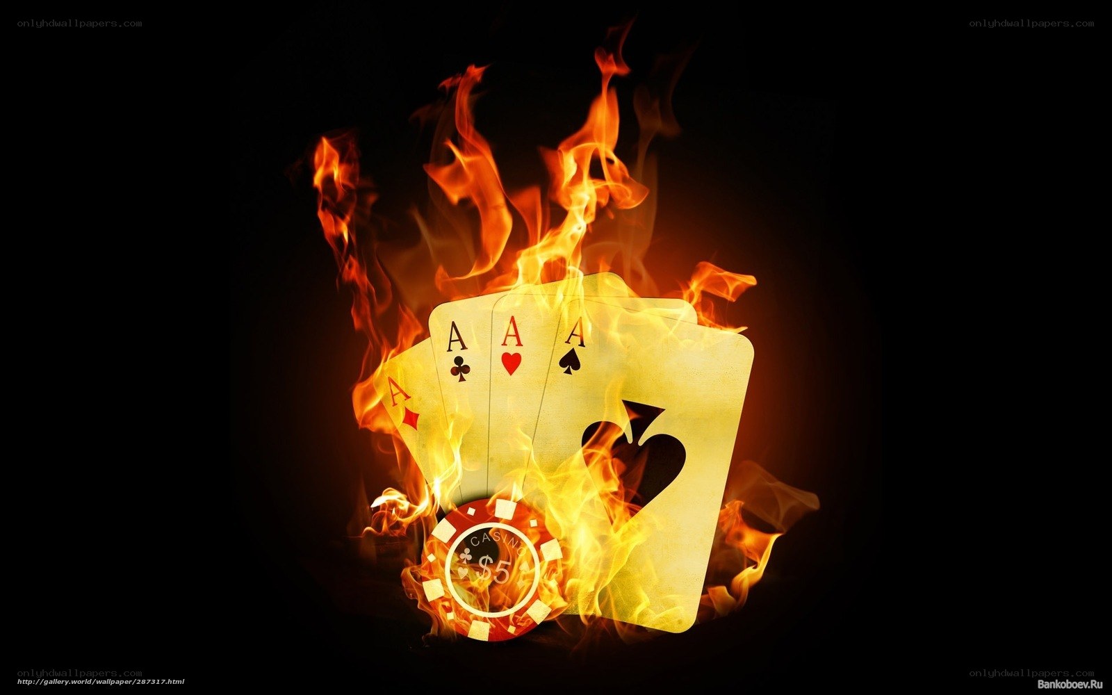 burning poker cards and chip