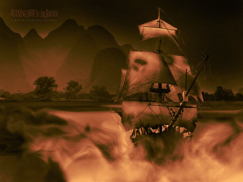 Burning ship at dusk