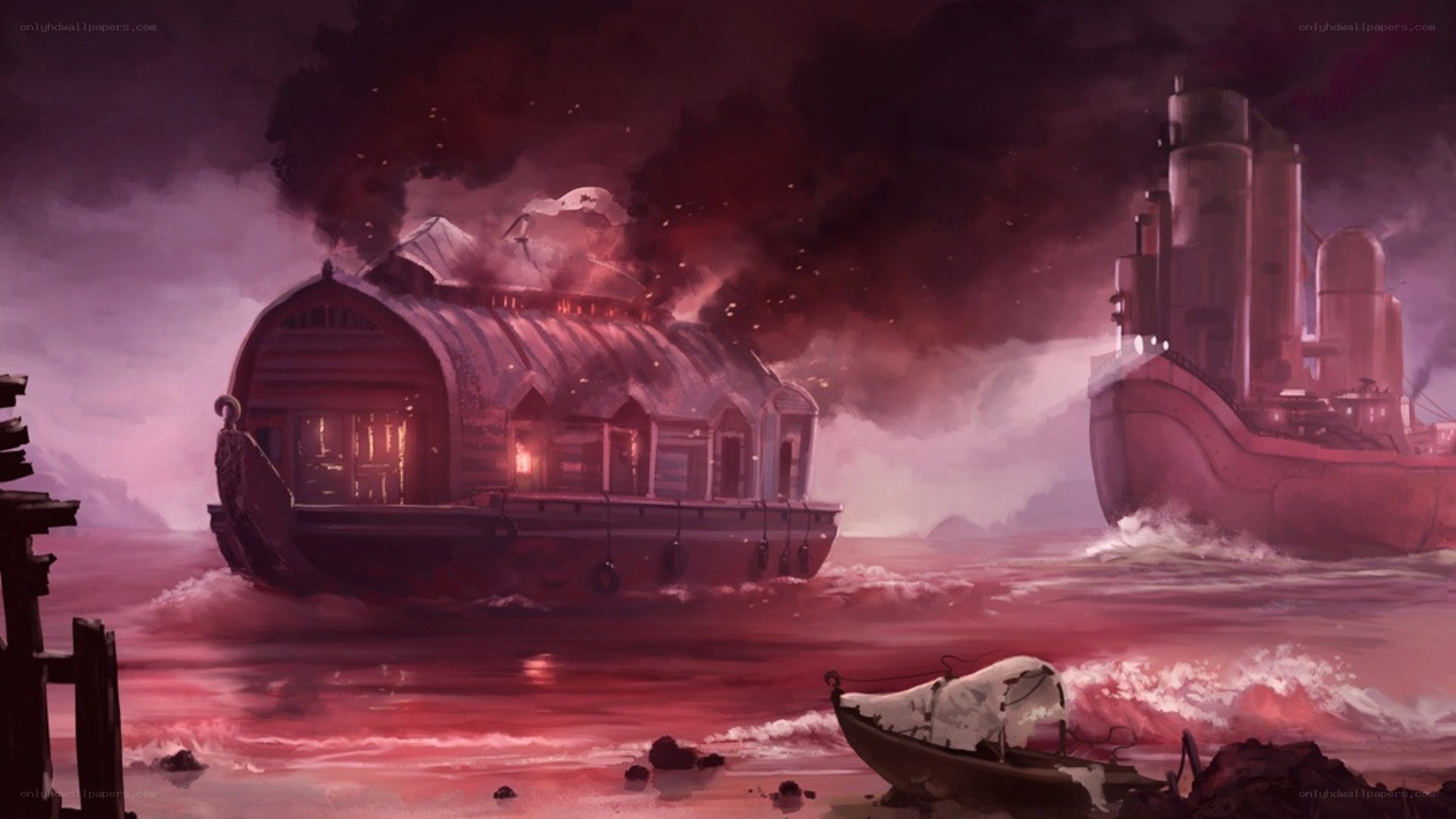 Burning ship at sea