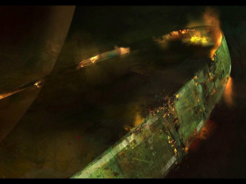 burning shipwreck at night