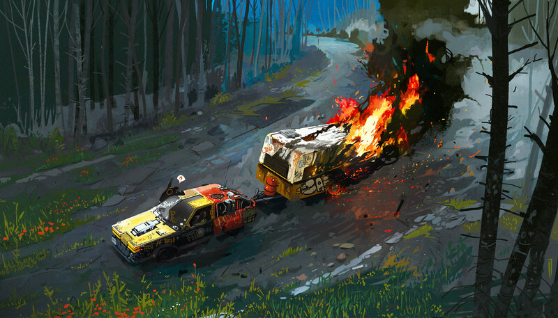 Burning Trailer in Forest