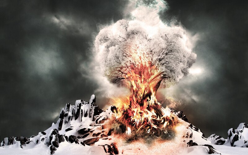 Burning Tree on Mountain — White, Dramatic