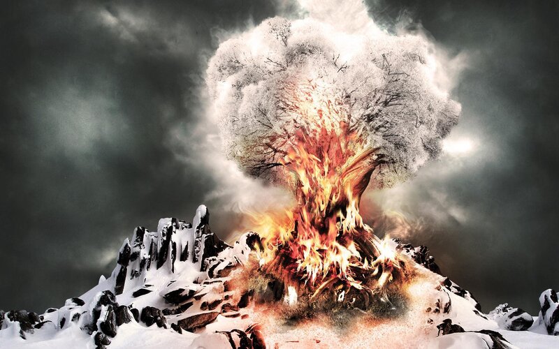 Burning Tree on Mountain — White