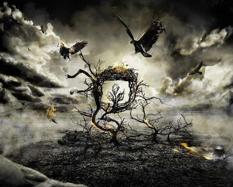 Burning Tree with Birds — Black, Dramatic, Digital Art