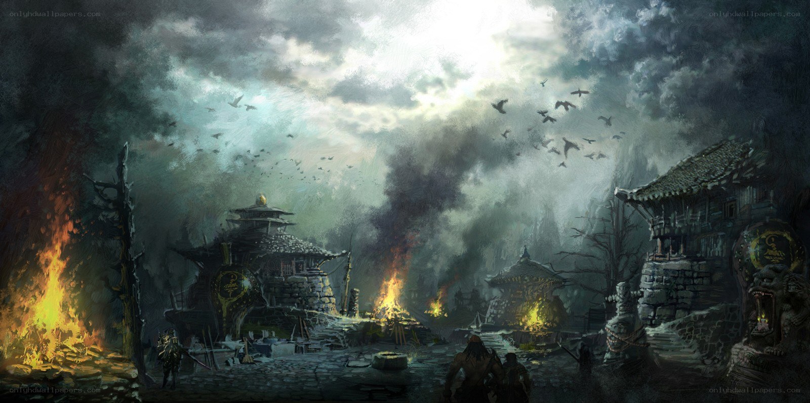 burning village at dusk