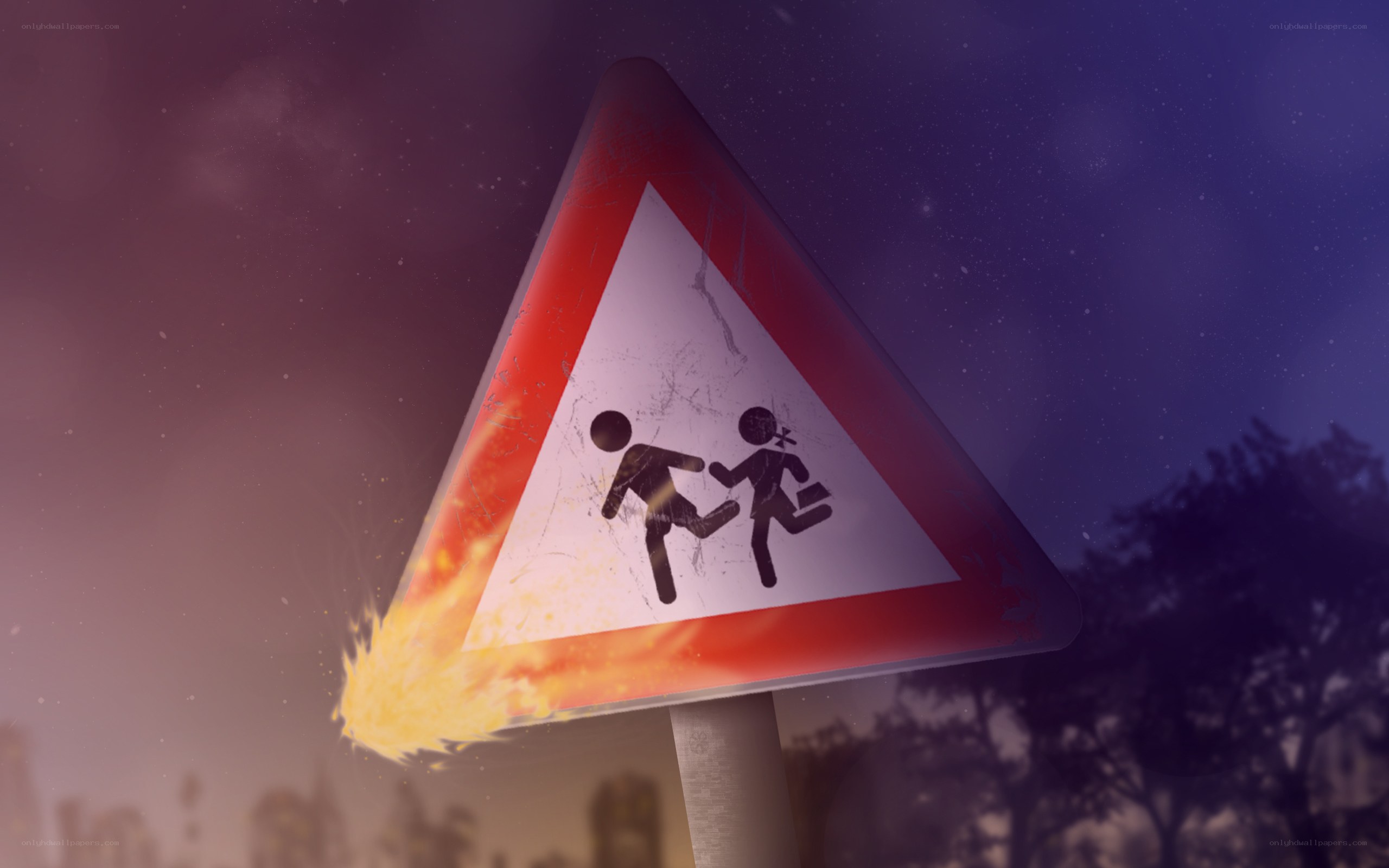 Burning warning sign with children