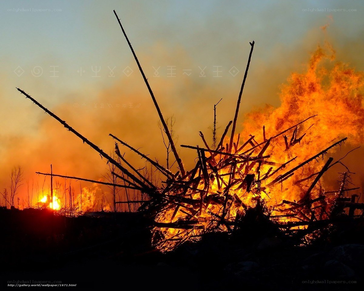 Burning wood pile at sunset