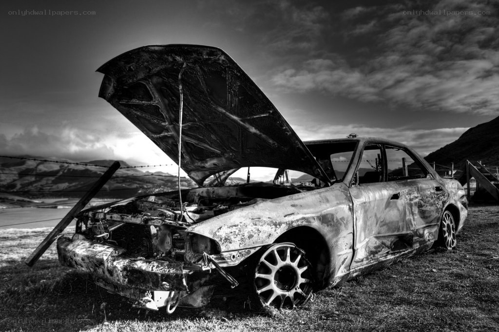 Burnt car in a field