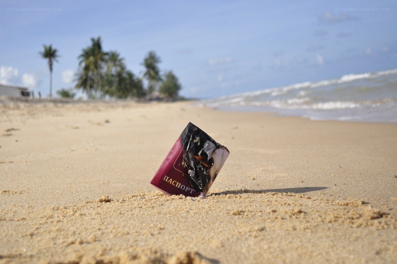 Burnt passport on beach