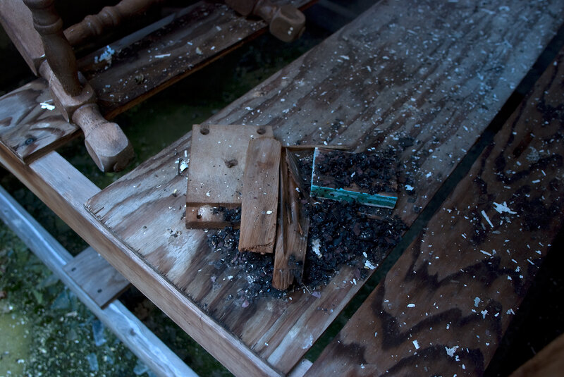 Burnt wood debris on a table