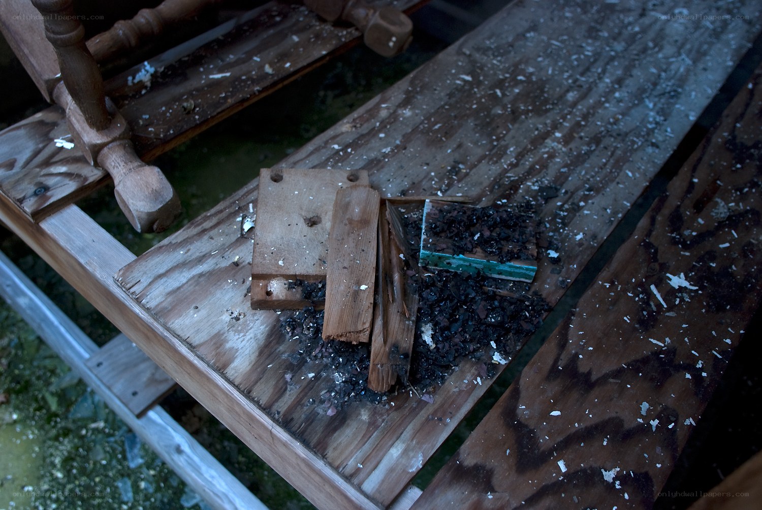 Burnt wood debris on a table